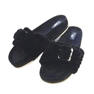 Dr Scholl's Black Faux Fur Classic Buckle Platform Slides Sandals Size 8